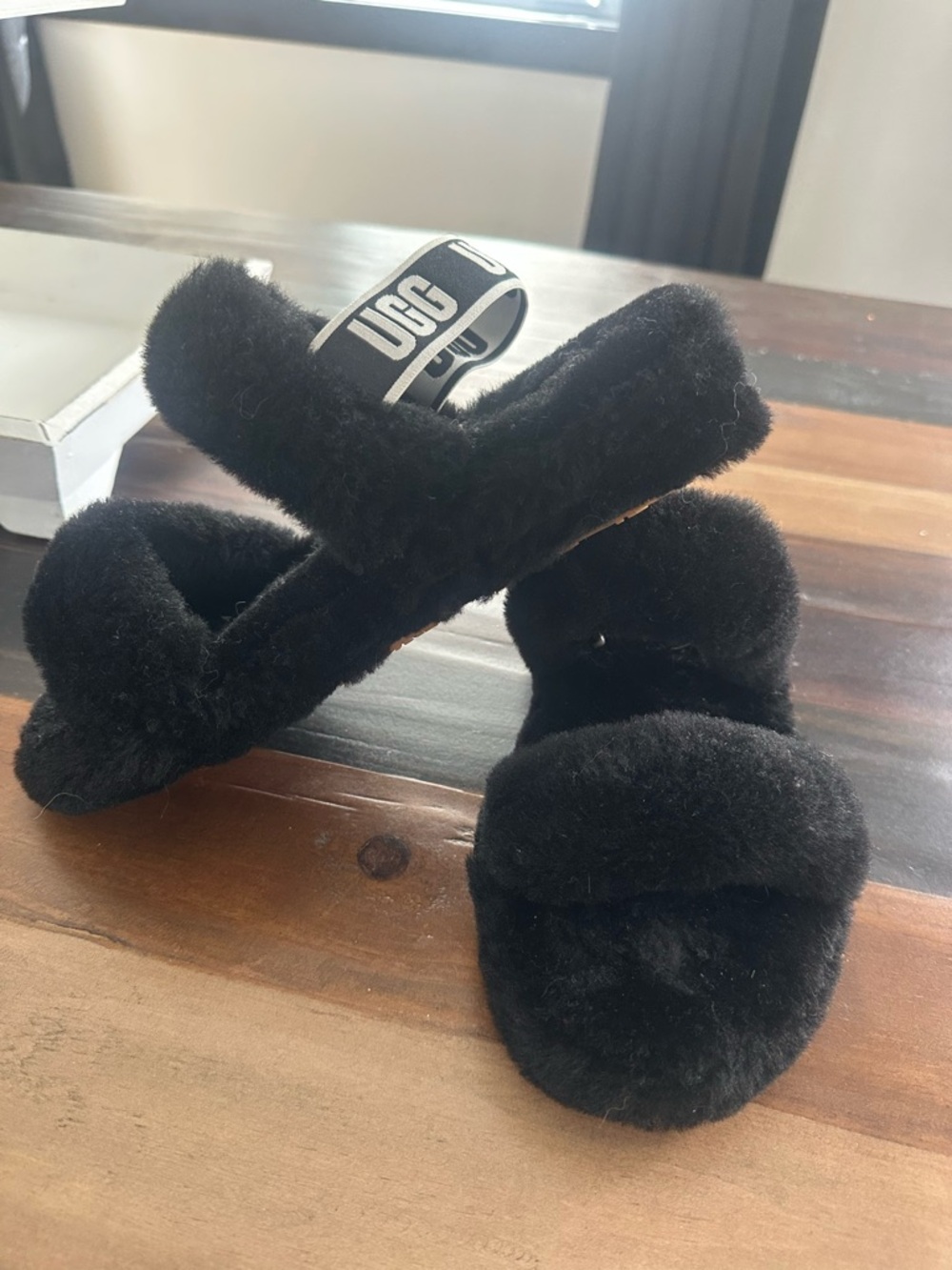 REAL UGG Black Plush Shearling Double-Strap Slides